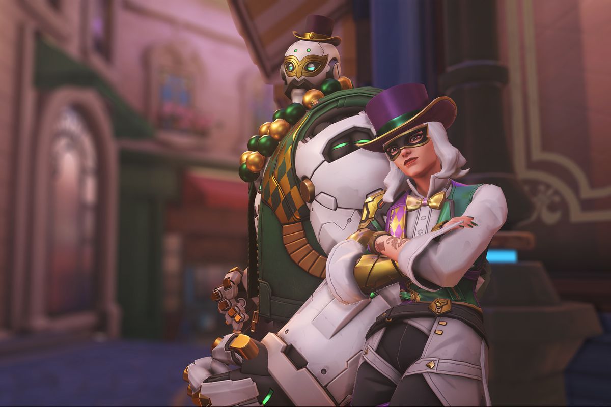 Ashe and Bob in Mardi Gras-themed skins for Overwatch