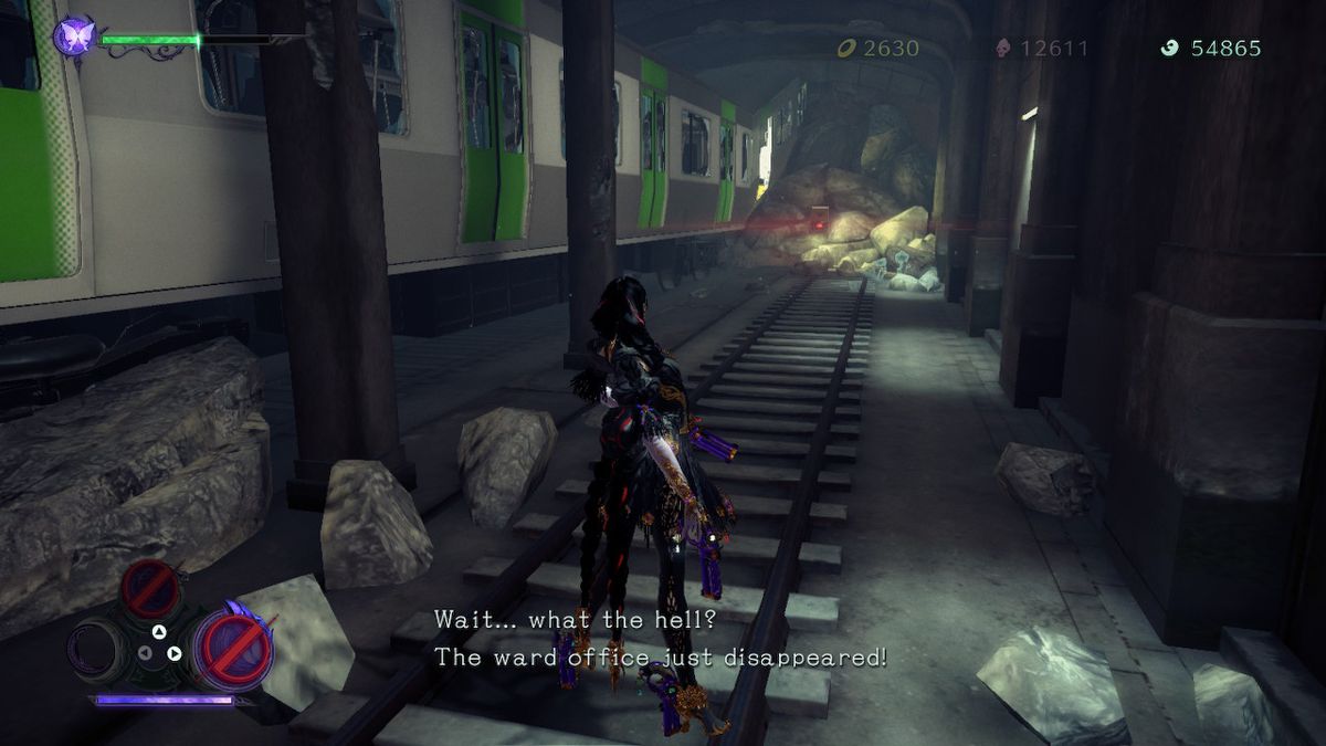 Bayonetta stands near a Broken Witch Heart in a subway tunnel in Bayonetta 3.