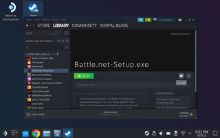Steam Deck Desktopスクリーンショット。Steamライブラリでのbattle.NETセットアップエクターシップを表示します。