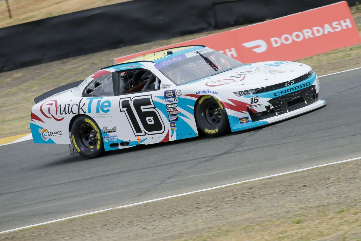 Chandler Smith (16) driving the Quick Tie Products, Inc. Chevrolet for Kaulig Racing goes up to Turn 2 in the NASCAR Xfinity Series practice on June 9, 2023 at Sonoma Raceway, in Sonoma, CA.