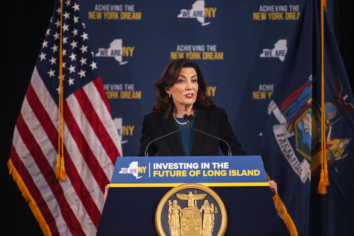 New York Governor Kathy Hochul speaking from a lectern.