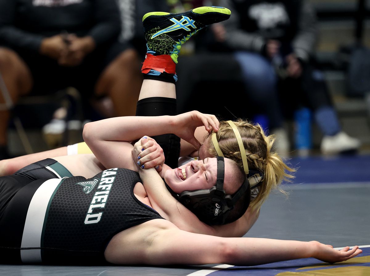 Emmy Finlinson of Westlake wrestles Alyxandra `Alyx` Walker of Clearfield in class 150 as girls compete for the 6A State Wrestling championship at West Lake High in Saratoga Springs on Monday, Feb. 15, 2021.