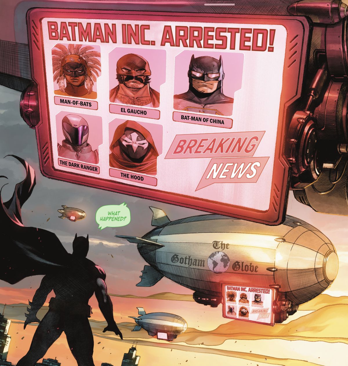 Batman sees a blimp displaying the breaking news that five members of Batman Inc. have been arrested in Batman #118 (2021). 
