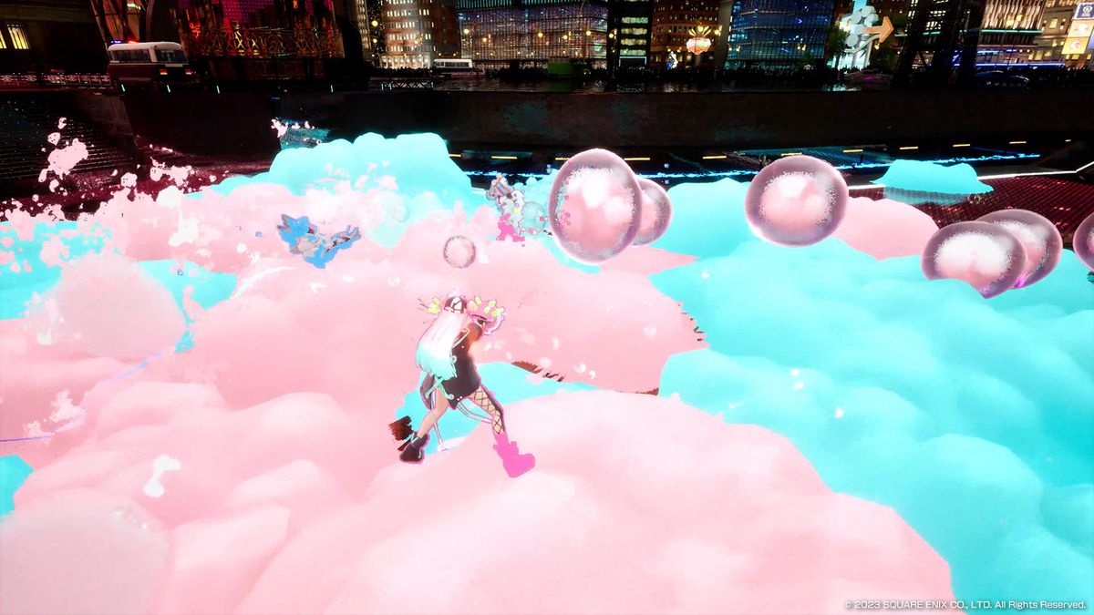 A Foamstars character runs through a ton of foam in the air as he unloads a ton of bubbles on the enemy side.  There is a pink bubble side and a blue color bubble side.  The frame resembles a shimmering golden cityscape.