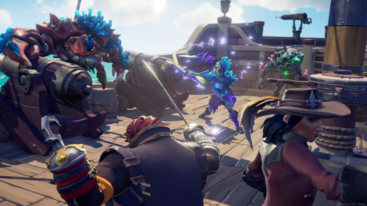 Sea of Thieves - Pirates aboard a ship fight off coral beasts from the seas.