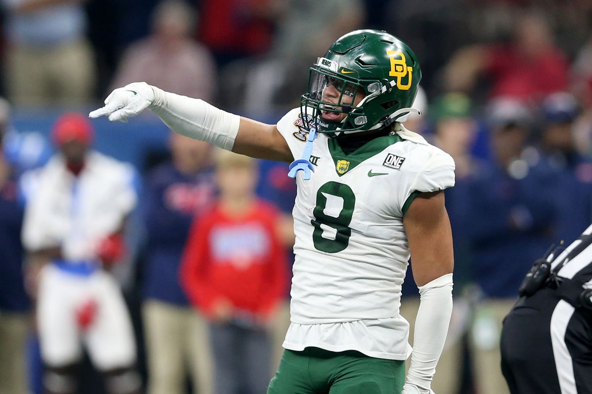 Baylor Bears safety Jalen Pitre (8) gestures after a play against the Mississippi Rebels in the second quarter of the 2022 Sugar Bowl at the Caesars Superdome.&nbsp;