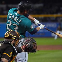 Seattle Mariners first baseman Ty France (23) bats against the San Diego Padres during the second inning at Peoria Sports Complex