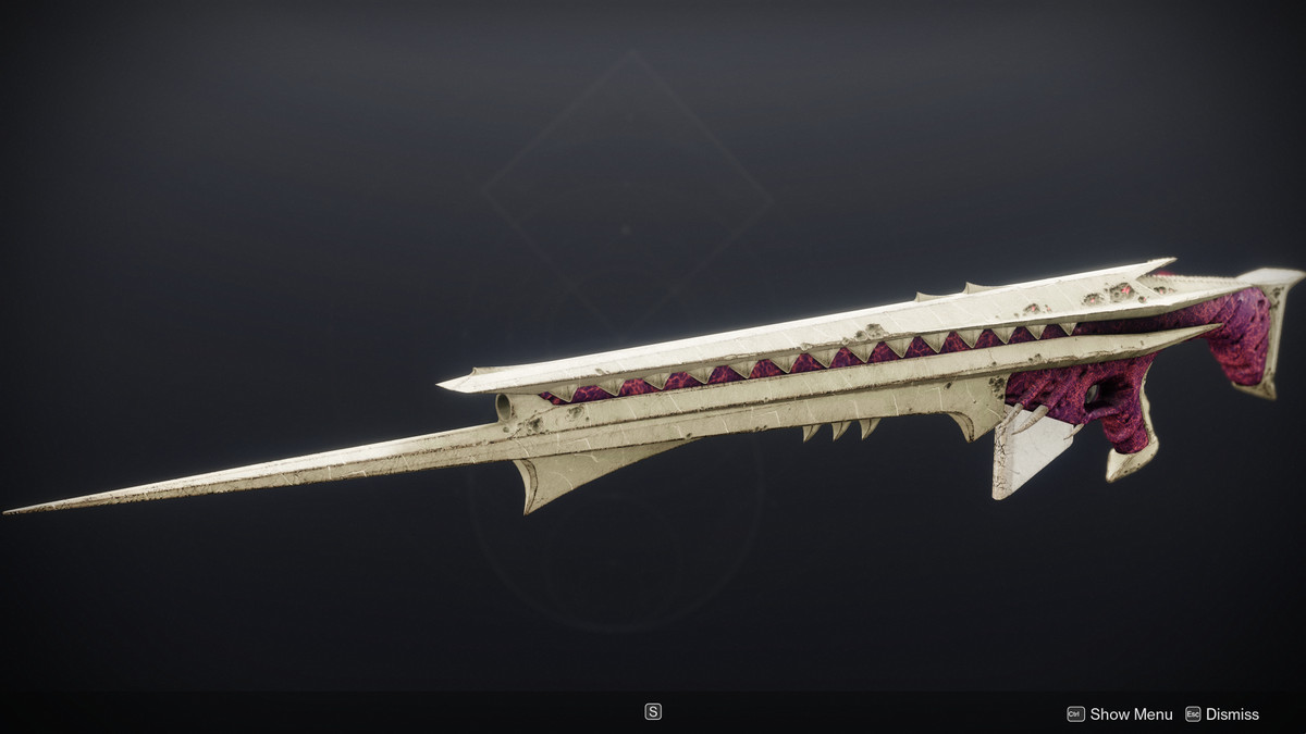 A long, pointed sniper rifle in Destiny 2 called Defiance of Yasmin, which is made of bone