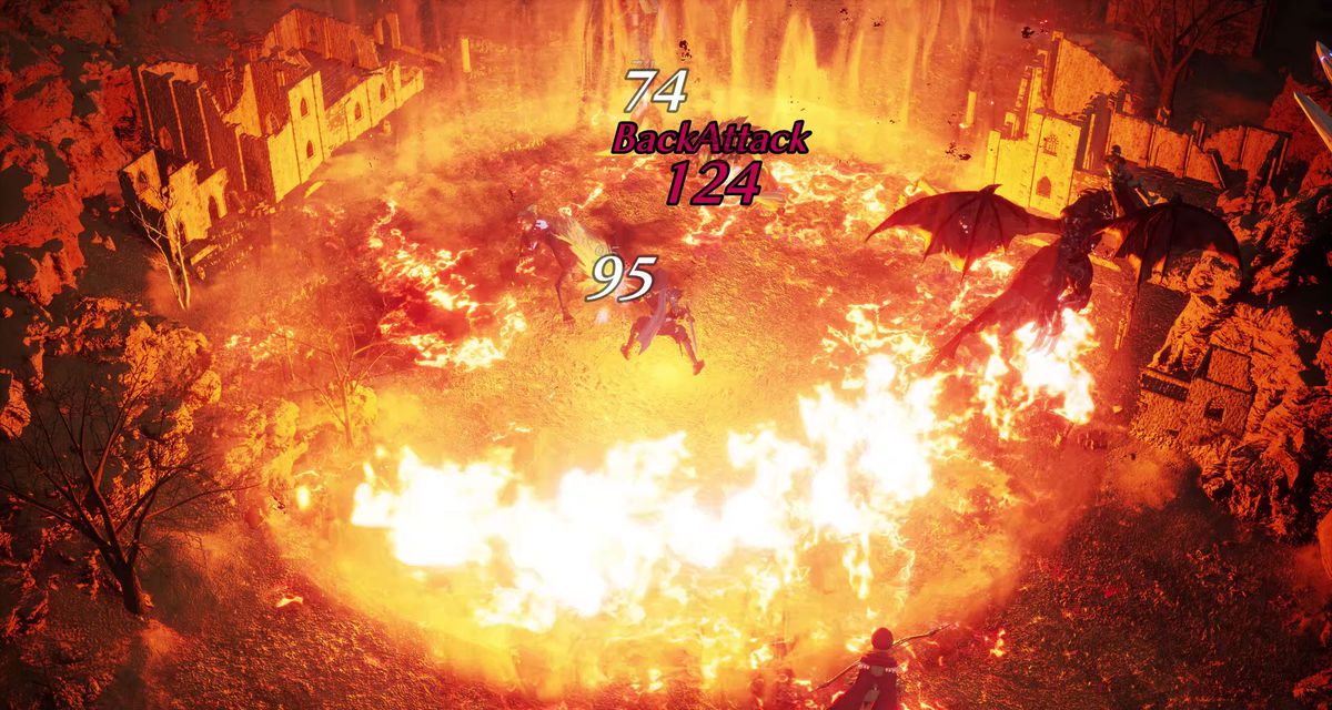 Un dragón volador quema un campo de batalla con llamas en una captura de pantalla de The DioField Chronicle
