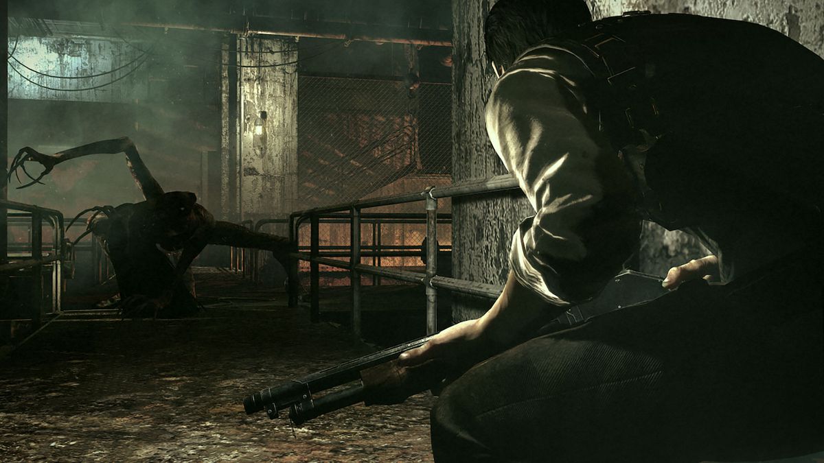 Sebastian Castellanos crouches with a shotgun in hand as he watches a spider-like monster creeping through an underground facility in a screenshot from The Evil Within