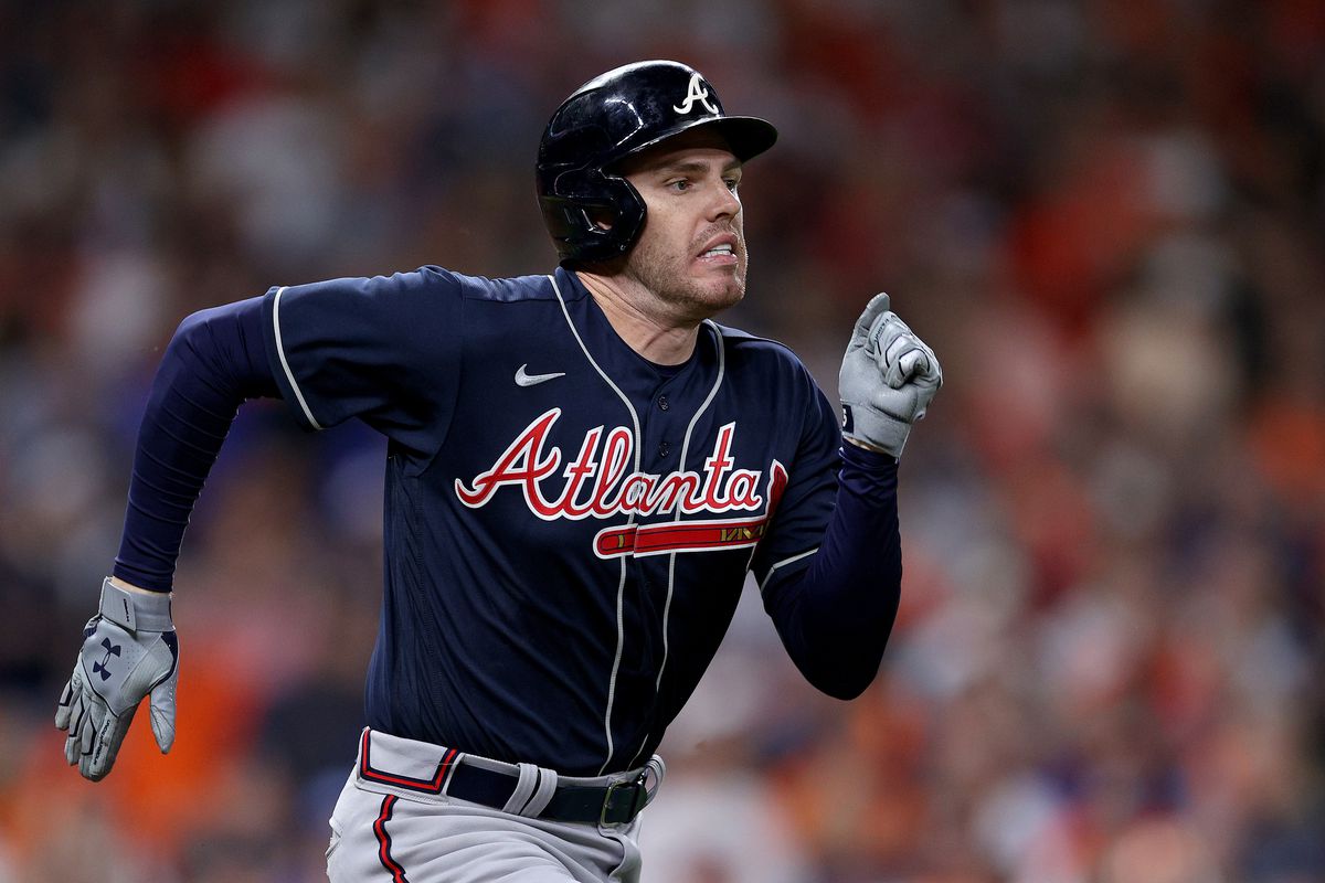 Freddie Freeman #5 of the Atlanta Braves grounds out against the Houston Astros during the seventh inning in Game Two of the World Series at Minute Maid Park on October 27, 2021 in Houston, Texas.