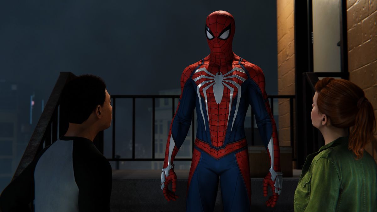 Miles Morales (left) and Mary Jane Watson (right) talk to their friend Spider-Man (center)
