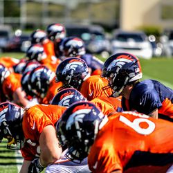 Broncos offensive line, quarterbacks, and running backs running some position drills at Broncos camp.