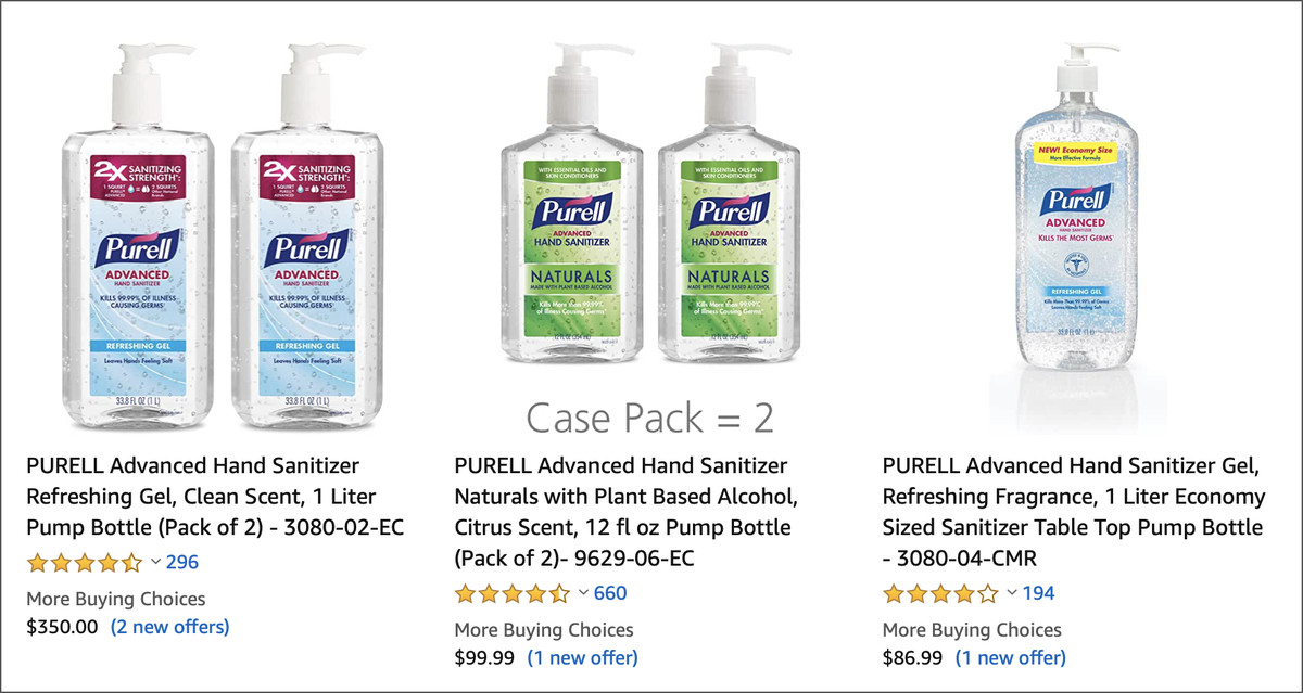 A screenshot of Purell hand sanitizer on Amazon.