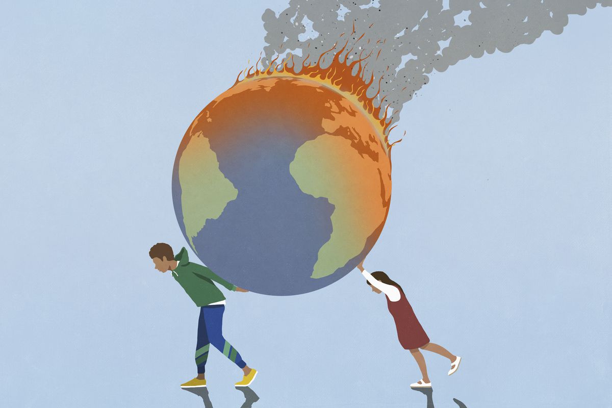 An illustration of two people trying to carry the Earth while it’s on fire.