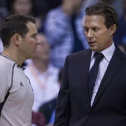 Utah head coach Quin Snyder argues with a referee during an NBA basketball game against Toronto in Salt Lake City on Friday, Dec. 23, 2016. Toronto took down Utah with a final score of 104-98.