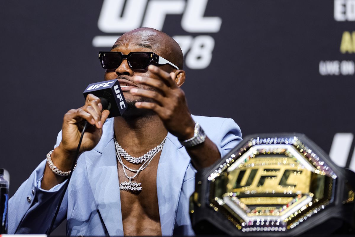 UFC welterweight champion Kamaru Usman is seen on stage during the UFC 276 ceremonial weigh-in at T-Mobile Arena on July 01, 2022 in Las Vegas, Nevada.