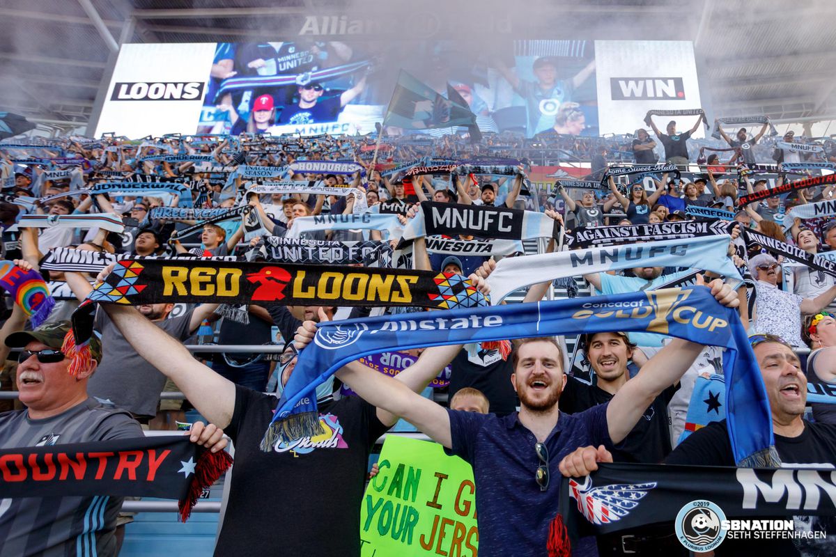 September 15, 2019 - Saint Paul, Minnesota, United States - Supporters in the Wonderwall raise their scarves and sing Wonderwall as Minnesota United defeated Real Salt Lake by a score of 3-1 at Allianz Field. 
