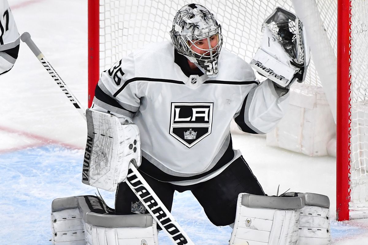 Jan 9, 2020; Las Vegas, Nevada, USA; Los Angeles Kings goaltender Jack Campbell (36) makes a glove save against the Vegas Golden Knights during the first period at T-Mobile Arena.