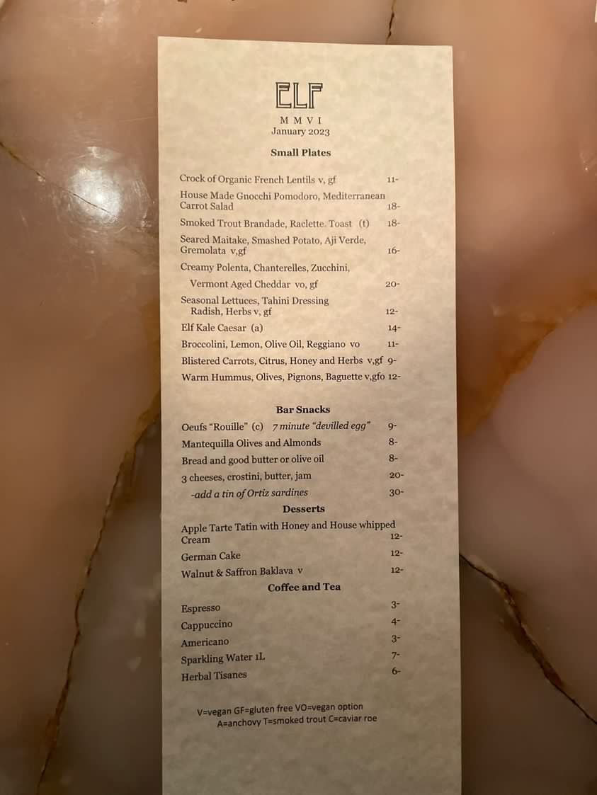 The menu at Elf 2.0.
