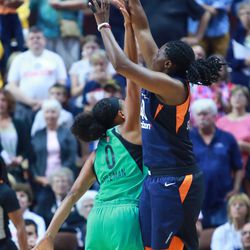 The New York Liberty take on the Connecticut Sun in a WNBA game at Mohegan Sun Arena in Uncasville, CT on August 1, 2018.