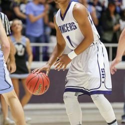 Layton's Julian Blackmon (1) sets the offense at the top of the key at the Class 5A State basketball tournament Tuesday, March 1, 2016, at Weber State. Layton advances with a solid 54-38 win over West Jordan.