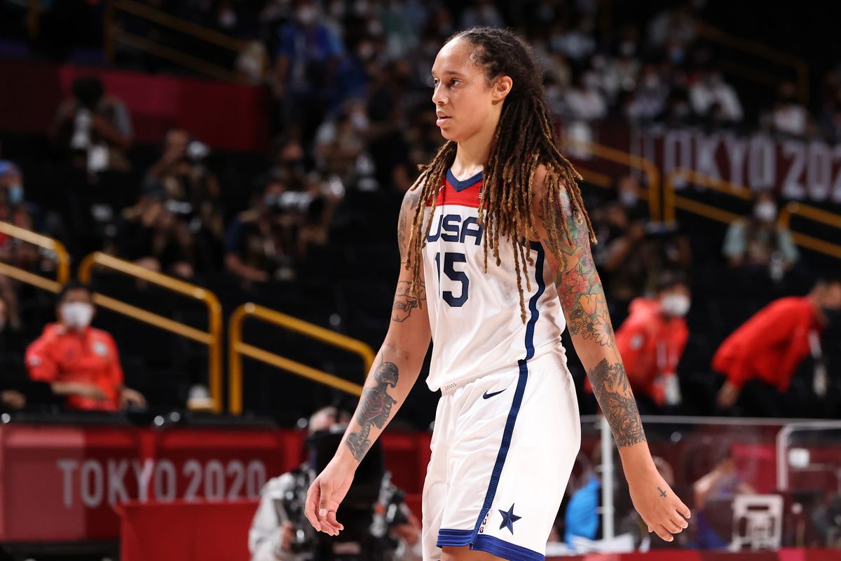 Brittney Griner of Team United States looks on against Team Japan during the first half of the Women’s Basketball final game on day sixteen of the 2020 Tokyo Olympic games at Saitama Super Arena on August 08, 2021 in Saitama, Japan.