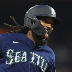 APRIL 26: J.P. Crawford #3 of the Seattle Mariners reacts after hitting a grand slam in the top of the second inning against the Philadelphia Phillies at Citizens Bank Park on April 26, 2023 in Philadelphia, Pennsylvania.