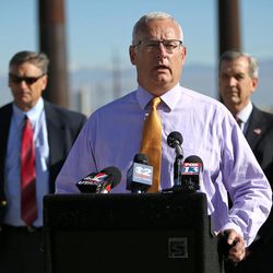 Richard Snelgrove, Salt Lake County council member, discusses west side economic development during a press conference outside of the Rio Tinto Distribution Center in South Jordan on Monday, Sept. 26, 2016.