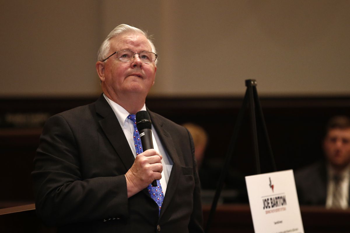 MANSFIELD, TX - APRIL 13: Rep. Joe Barton (R-TX) answers a question during a town hall meeting at Mansfield City Hall on April 13, 2017 in Mansfield, Texas. A capacity crowd filled the Mansfield City Hall counsel chambers where attendees expressed disappr