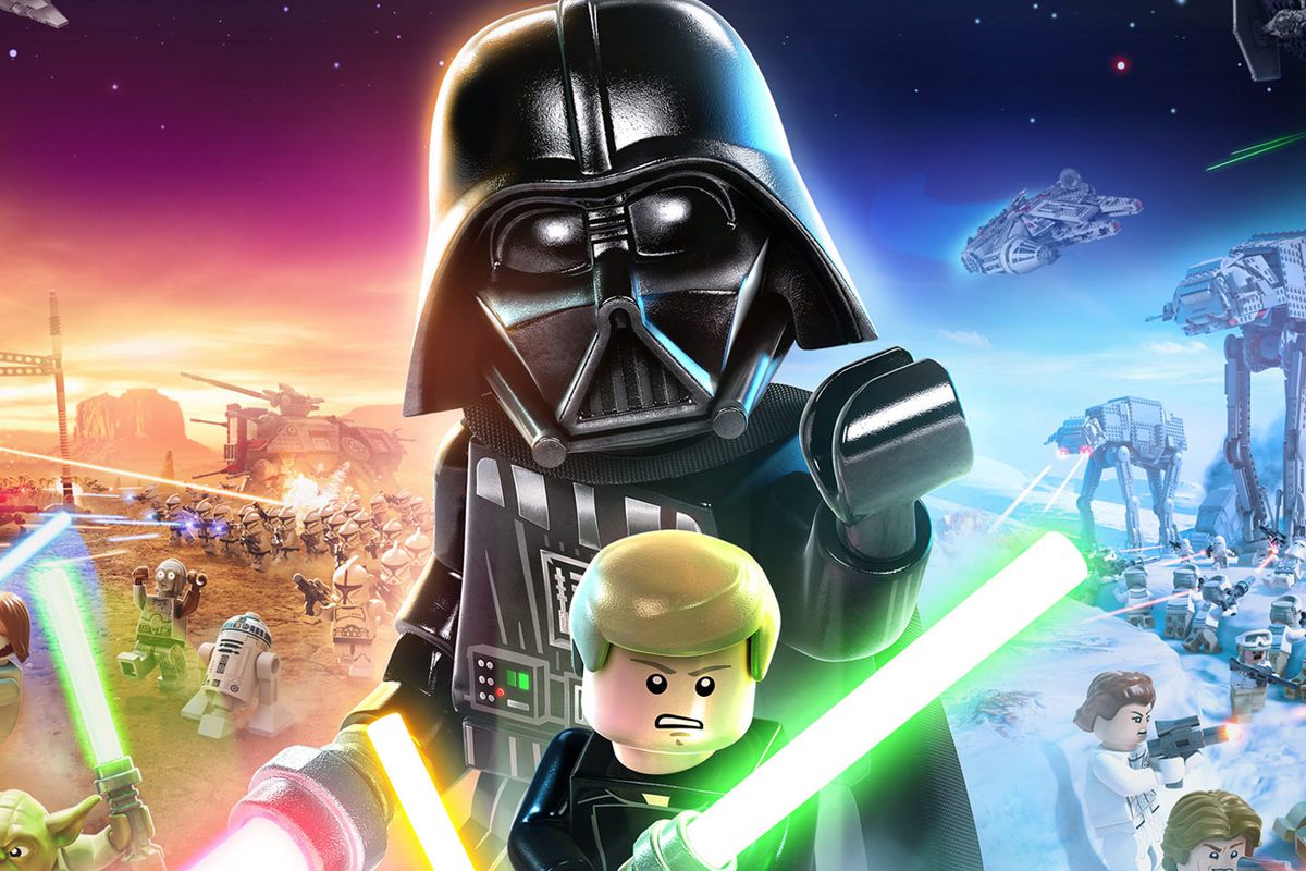 cover art showing the Lego-styled rendering of various Star Wars movie posters, with a large Lego Darth Vader and Luke Skywalker at center