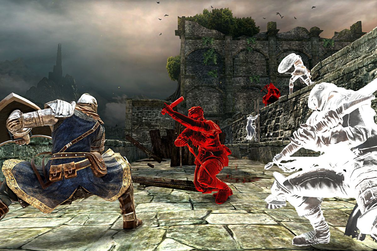 A sextet of knights and warriors battle in on online competitive match between white phantoms and black phantoms in Dark Souls 2: Scholar of the First Sin.