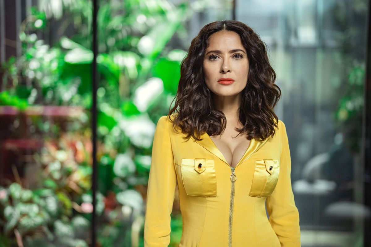 Salma Hayek looking at the camera in a promotional still for Black Mirror season 6