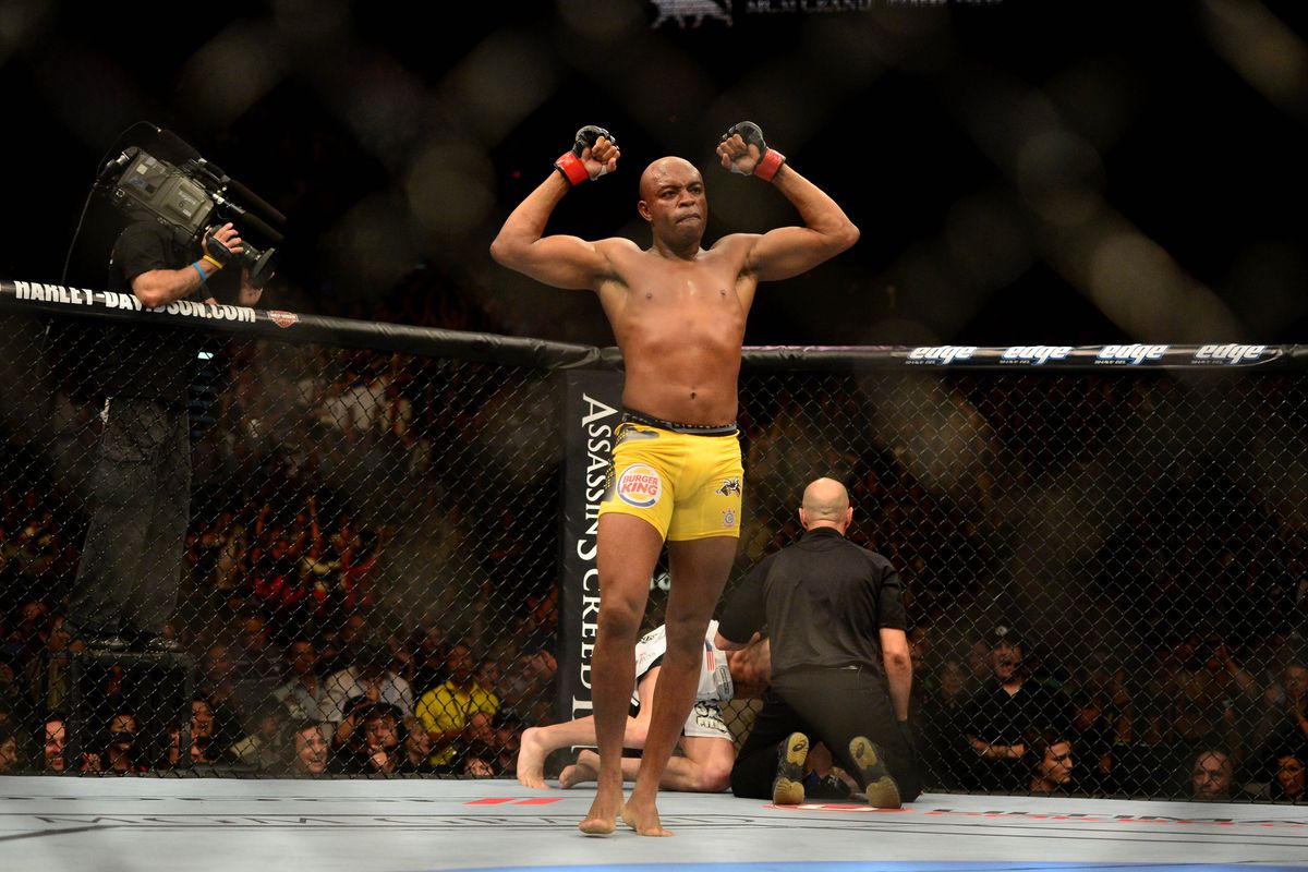 Jul. 7, 2012; Las Vegas, NV, USA; UFC fighter Anderson Silva celebrates after defeating Chael Sonnen during a middleweight bout in UFC 148 at the MGM Grand Garden Arena. Mandatory Credit: Mark J. Rebilas-US PRESSWIRE
