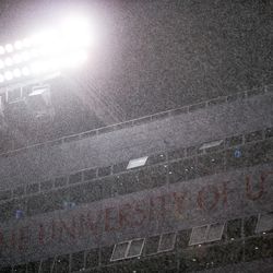 Heavy rain falls during the game between the Utah Utes and Washington State Cougars at Rice-Eccles Stadium in Salt Lake City on Saturday, Sept. 28, 2019.