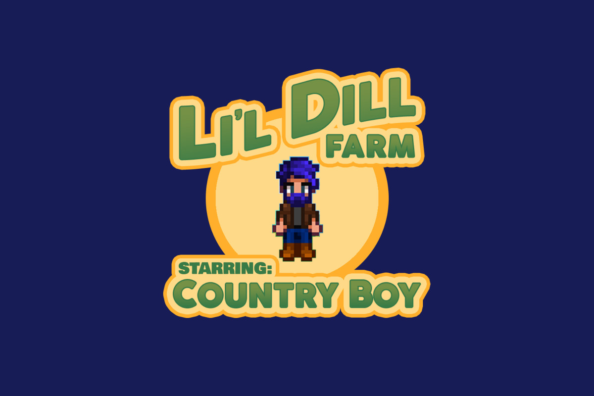 A yellow circle centered on a dark blue background. Inside the yellow circle is Travis’ Stardew Valley player avatar, he has purple hair, a brown shirt, jeans, and brown boots. Above the circle in green text it says “Li’l Dill Farm”. Green text below the circle reads “Starring: Country Boy”