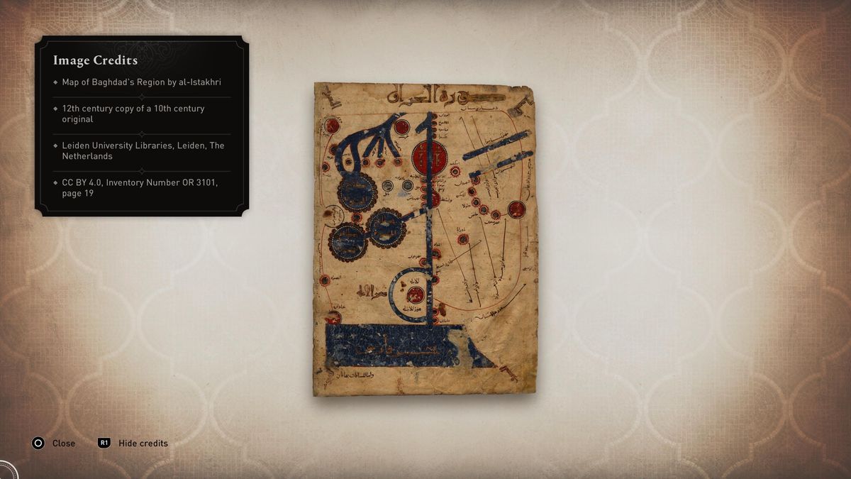 A menu shows the image credits for a historical document in AC Mirage.