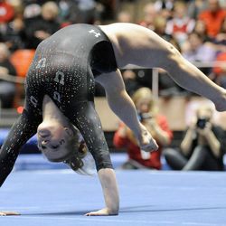 Utah's Tory Wilson competes in the floor portion of a contest against UCLA at the Jon M. Huntsman Center on Saturday, Jan. 25, 2014.