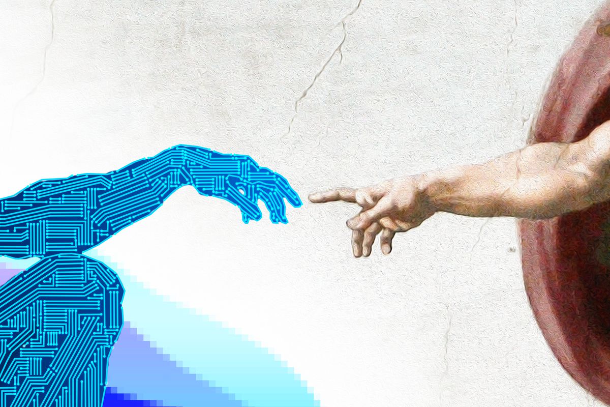 A version of Michelangelo’s painting “The Creation of Adam” with one body in digital blue, depicting the development of artificial intelligence and machine learning.