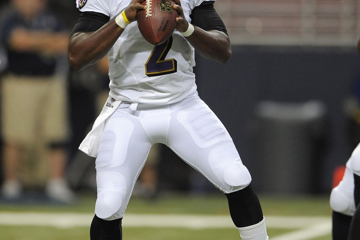 August 30, 2012; St. Louis, MO, USA; Baltimore Ravens quarterback Tyrod Taylor (2) drops back to pass against the St. Louis Rams during the first half at the Edward Jones Dome. Mandatory Credit: Jeff Curry-US PRESSWIRE