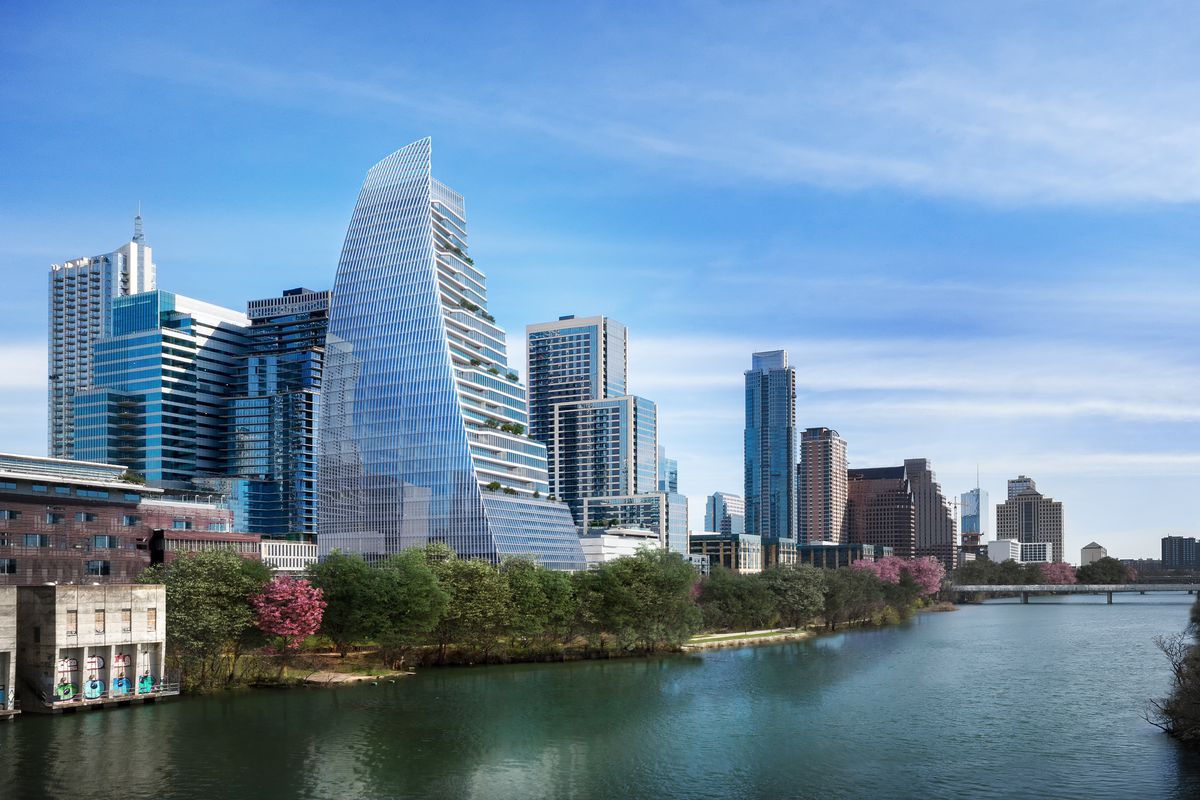 Rendering of downtown Austin from pov of south side of lake with sail-shaped tower in foreground on lakeside