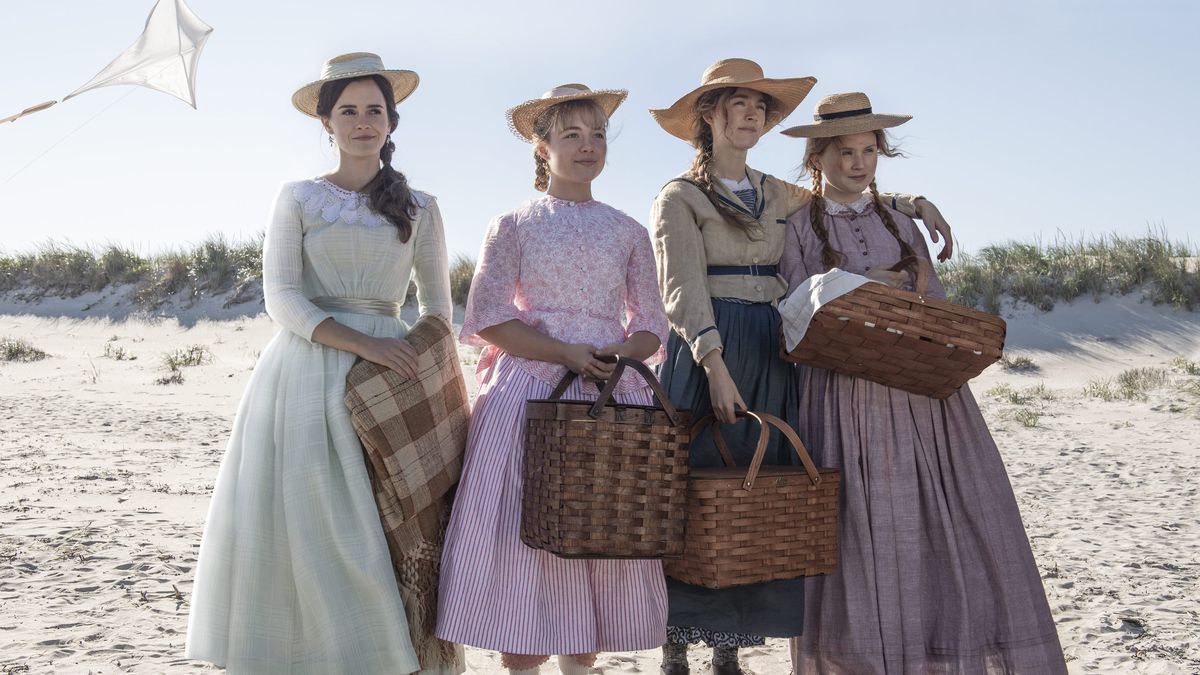 Meg (Emma Watson), Amy (Florence Pugh), Jo (Saoirse Ronan), and Beth (Eliza Scanlen) on the beach in 2019’s Little Women