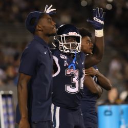 The Wagner Seahawks take on the UConn Huskies in a college football game at Pratt & Whitney Stadium at Rentschler Field in East Hartford, CT on August 29, 2019.