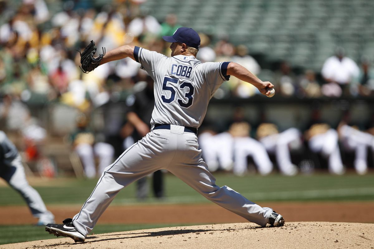 August 1, 2012; San Francisco, CA, USA; Tampa Bay starting pitcher Alex Cobb delivers a pitch during the first inning against the Oakland Athletics at O.co Coliseum. Mandatory Credit: Beck Diefenbach-US PRESSWIRE