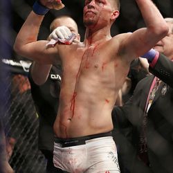 Nate Diaz, left, celebrates his second -ound submission victory over Conor McGregor during their UFC 196 welterweight mixed martial arts match Saturday, March 5, 2016, in Las Vegas. 