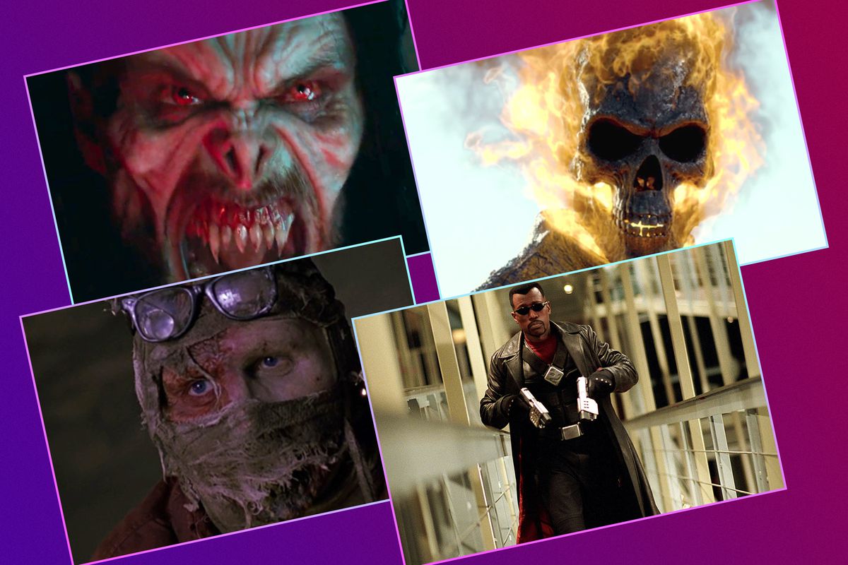 Une image de collage avec Morbius, Ghost Rider, Darkman et Blade.