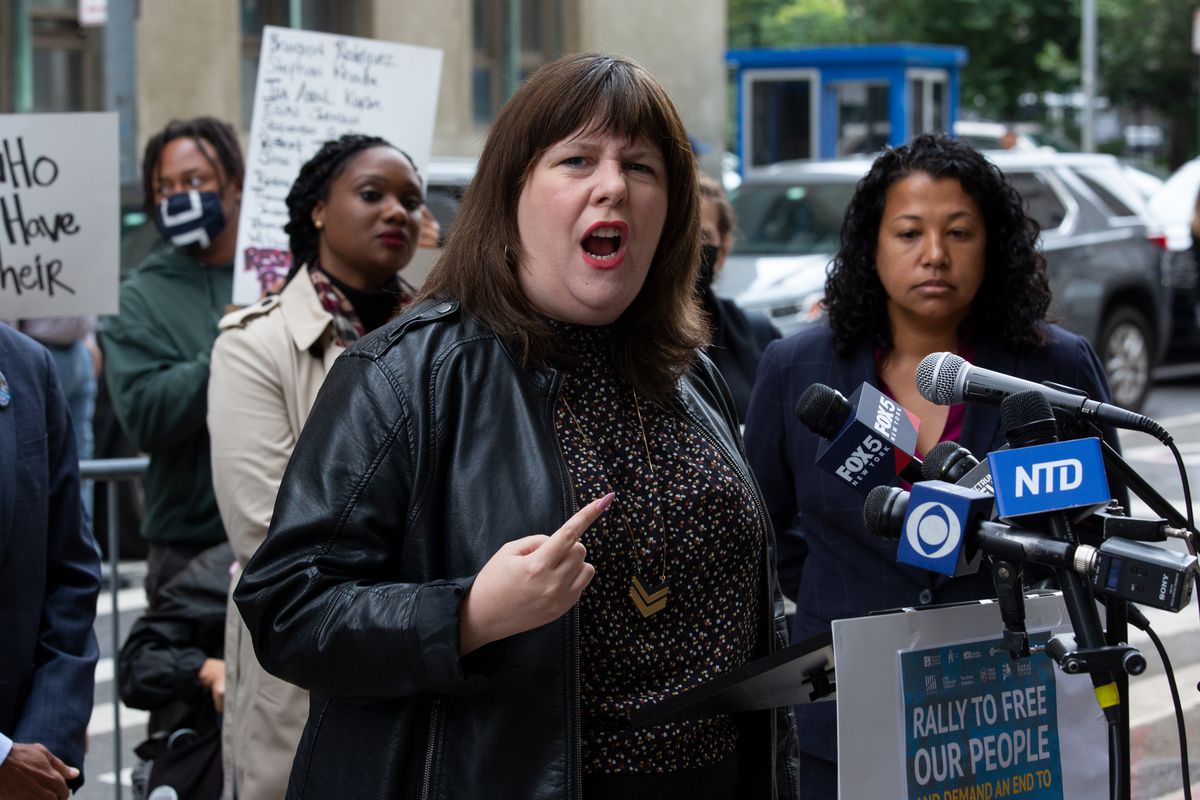 Assemblywoman Emily Gallagher (D-Brooklyn) called for the termination of cash bail during a protest outside the Manhattan District Attorney's office, October 6, 2021.