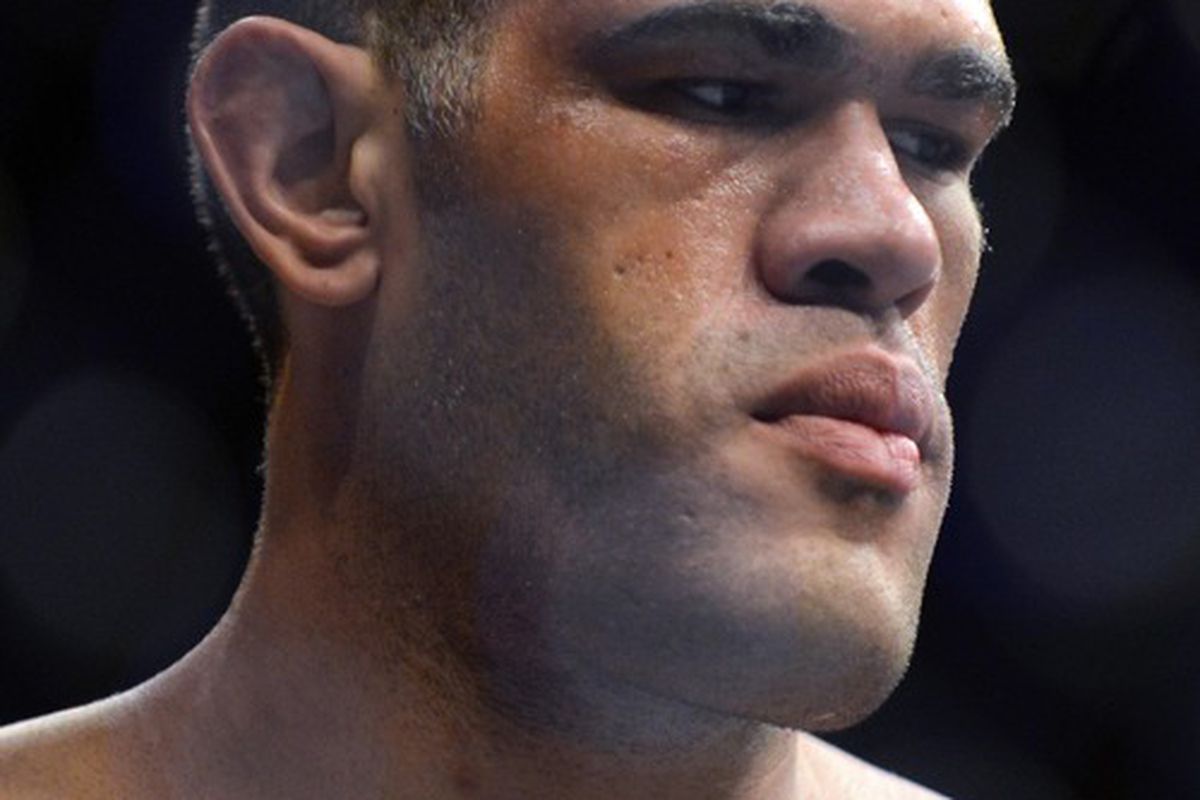 May 26, 2012; Las Vegas, NV, USA;  Antonio Silva during his fight against Cain Velasquez during UFC 146 at the MGM Grand Garden event center. Mandatory Credit: Ron Chenoy-US PRESSWIRE