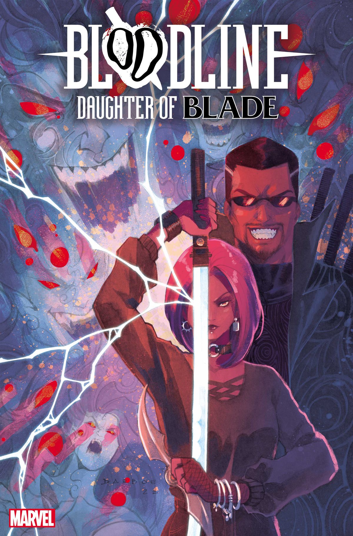 A young black woman holds a shining sword in front of her face as Blade grins behind her on the cover of Bloodline: Daughter of Blade (2023).