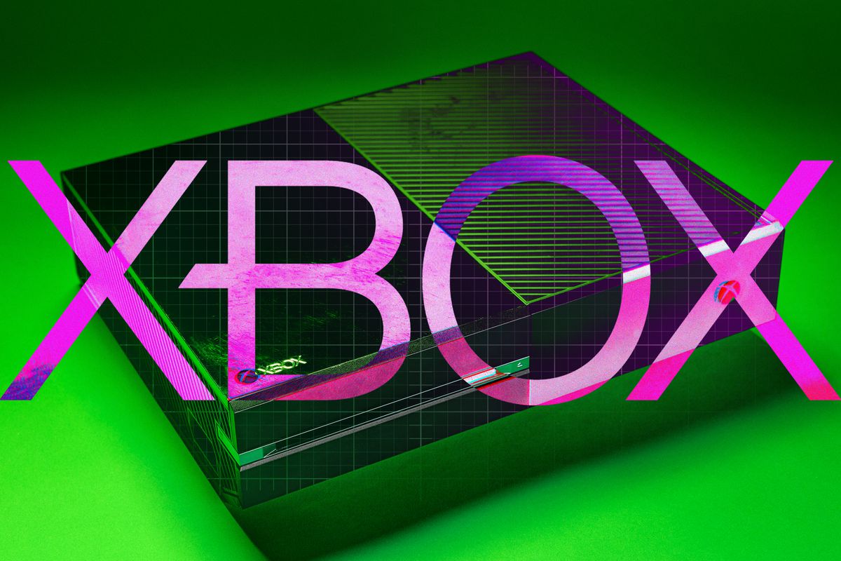 Graphic illustration of Xbox console on green background with “XBOX” in bright pink letters in the foreground